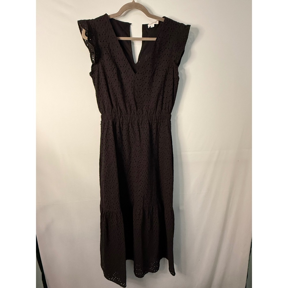 Evereve Black Eyelet Flutter‎ Sleeve V Neck Smocked Waist Midi Dress Size SMALL